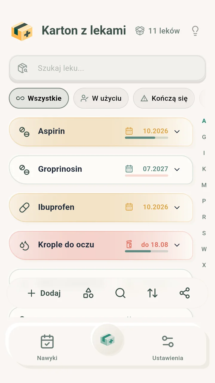 Lista leków w Apteczce z terminami ważności i paskami zapasu