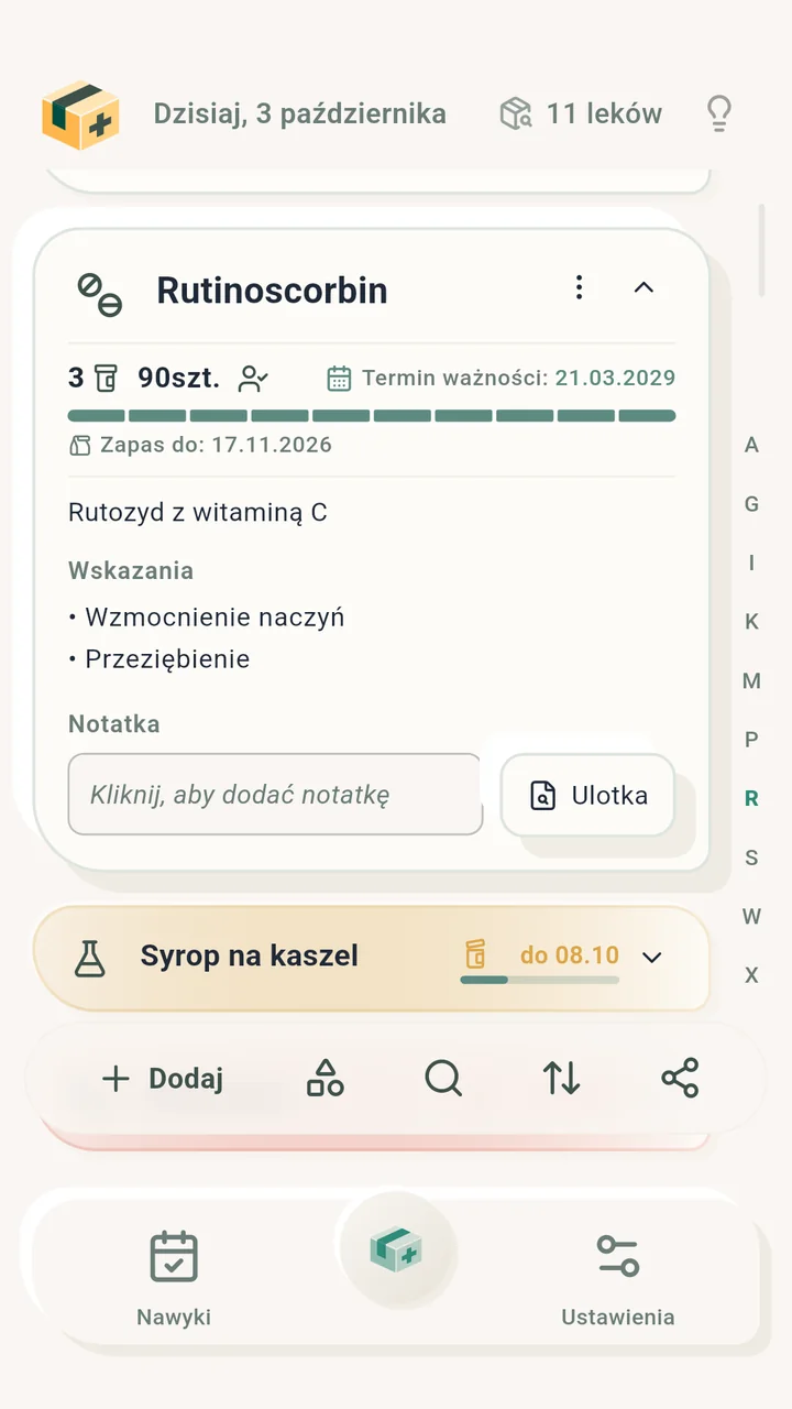 Rozwinięta karta leku: trzy opakowania, termin ważności i prognoza zapasu